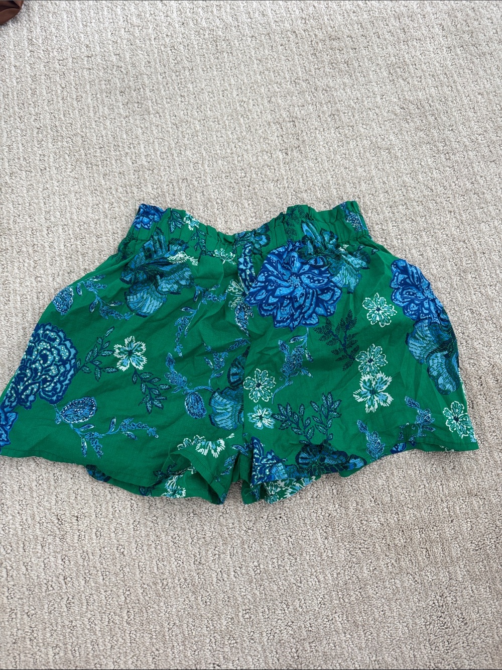 Olivaceous Green Floral Print Bermuda Shorts with Blue Accents